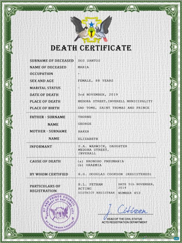 Download Sao Tome vital record death certificate PSD template Photoshop template